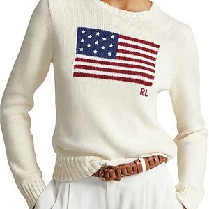 Ralph Lauren Cream Crewneck Sweater with Flag Intarsia
